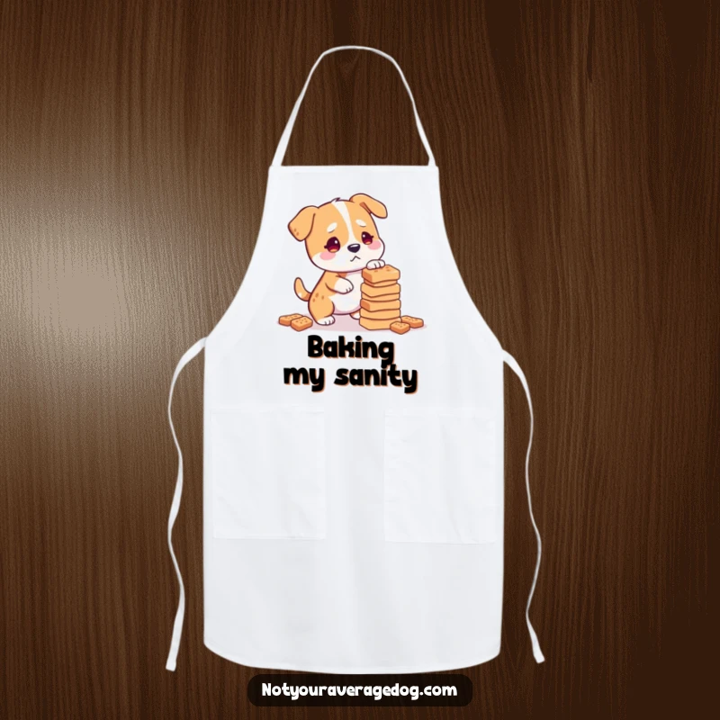 Funny confused dog attempting to balance treats, on a kitchen apron, adding humor.