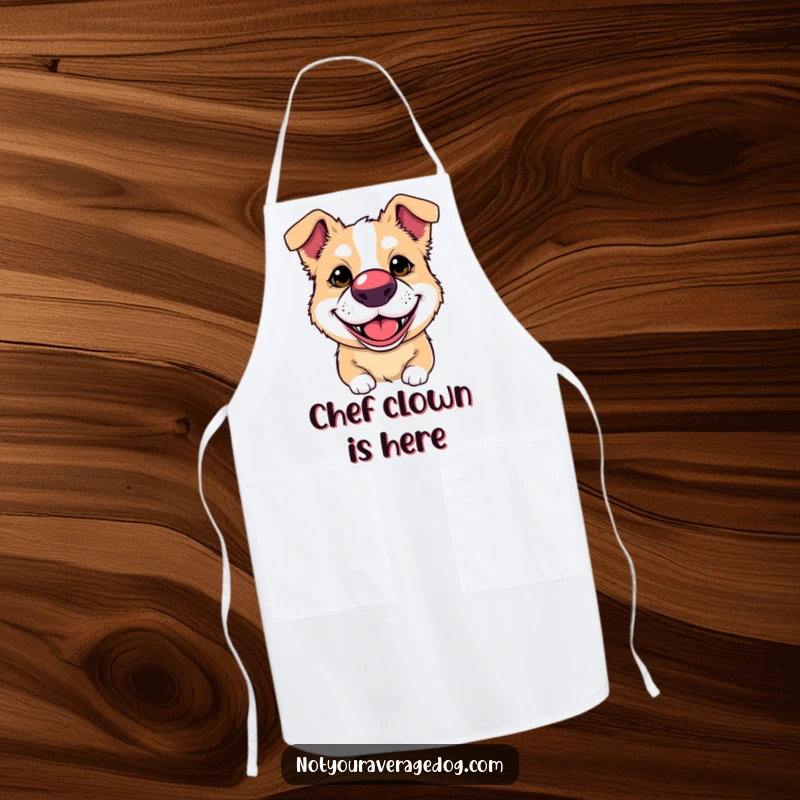 Funny apron showcasing a dog wearing a clown nose and a silly grin, making cooking a fun and humorous activity.