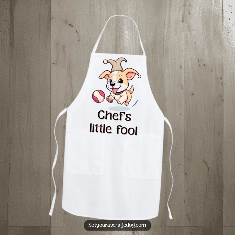 Funny Jester Dog Apron: Dog in a jester hat, chasing a ball, bringing playful energy to the kitchen.