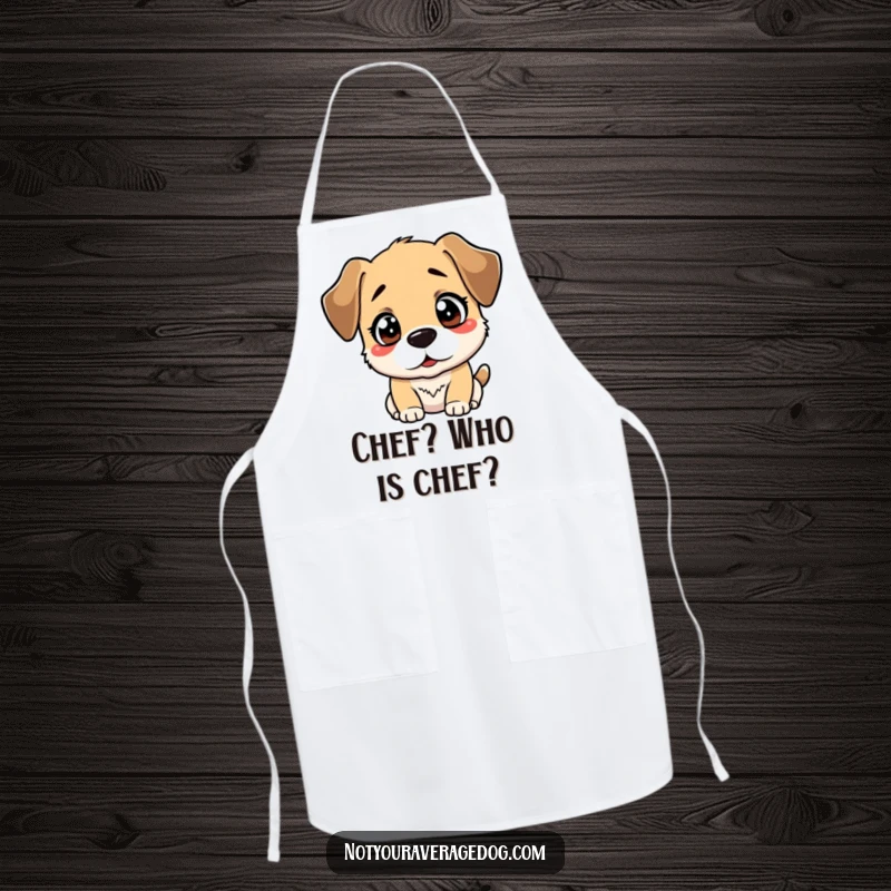 Funny apron design showing a dog looking bewildered at its reflection, perfect for a chef who loves a laugh.