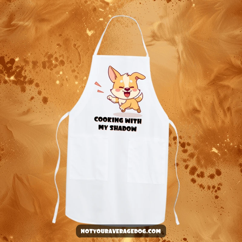 Funny chasing shadow dog apron, a silly dog with intense focus, chasing its shadow in the kitchen.