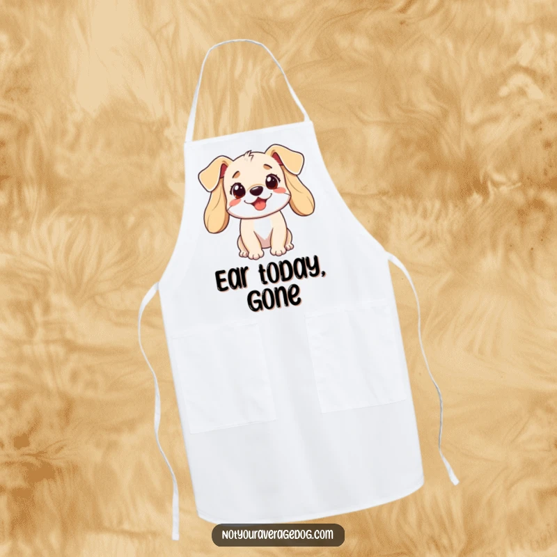 Funny dog apron illustrating a happy dog with comically large, floppy ears that seem to be having their own party while cooking.