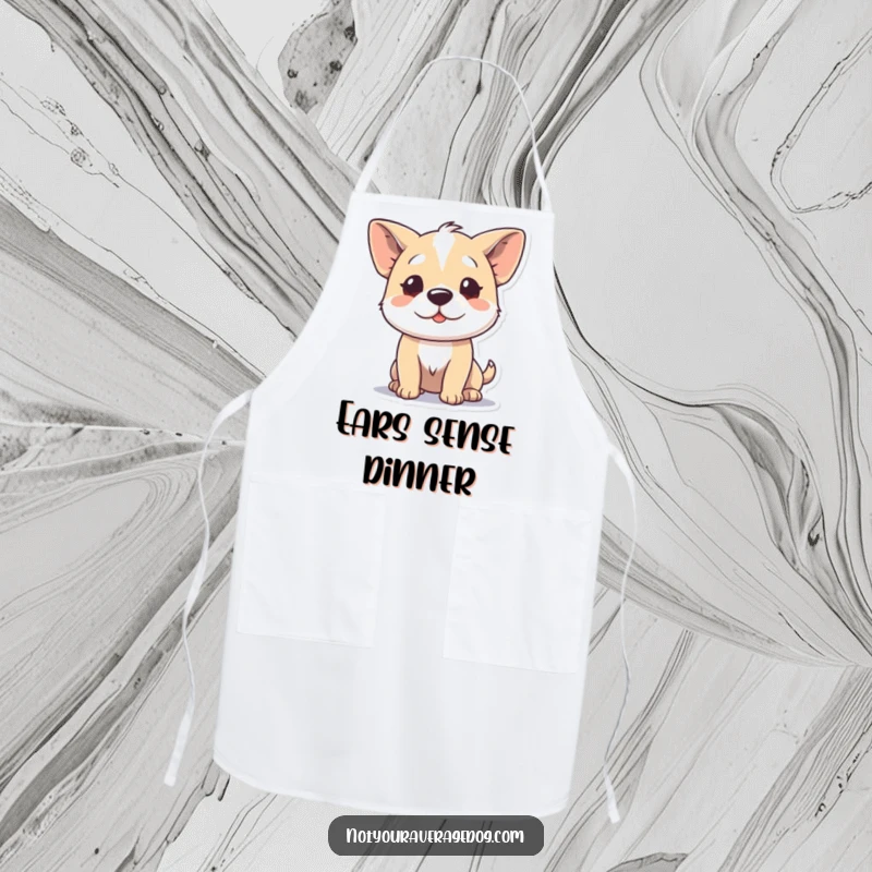 Funny apron with a dog character wiggling its ears independently, perfect for the kitchen enthusiast who enjoys quirky humor.