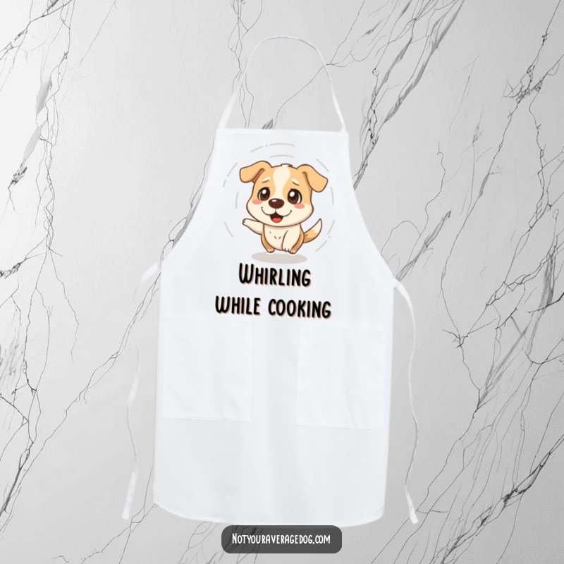 Funny kitchen apron with a dazed dog spinning in circles, designed for cooks who appreciate humorous and lighthearted kitchenware.