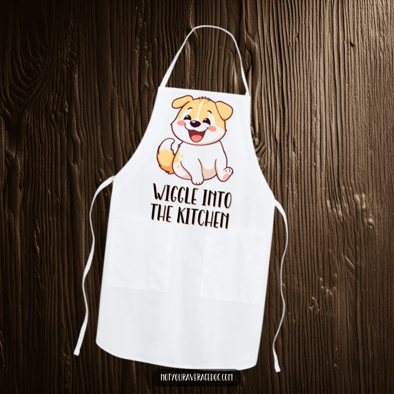 Funny dog's excited rear end wiggling happily on a kitchen apron, bringing cheer to culinary tasks.
