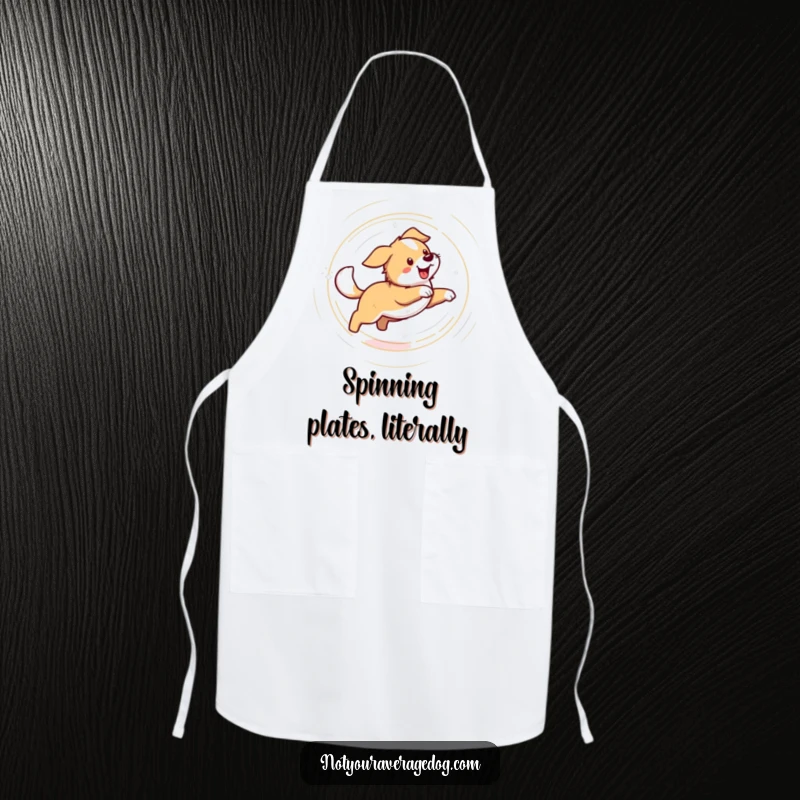 Funny apron showing a dog in a comical dizzy spin, chasing its tail. A humorous and practical accessory for the kitchen.