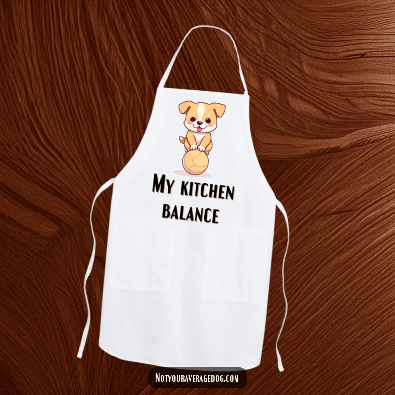 Funny apron with a dog hilariously trying to balance on a small ball, great for cooking.