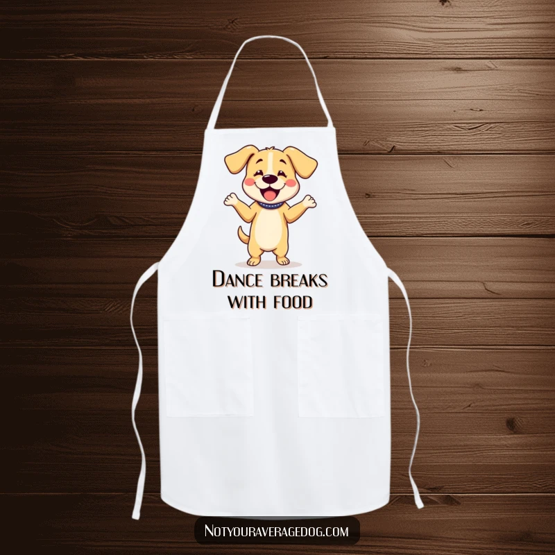 Funny apron with a dog character performing a silly dance with its floppy ears, perfect for the food lover who enjoys humor.