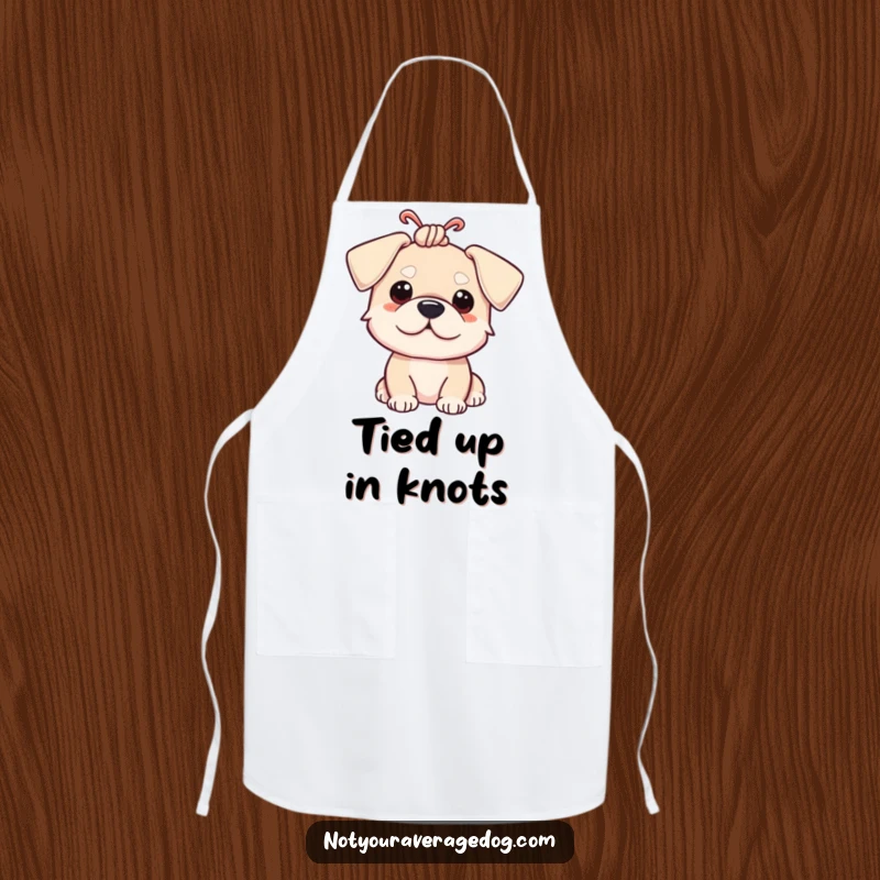 Funny apron for the kitchen, featuring a dog with its ears humorously tied in a knot.