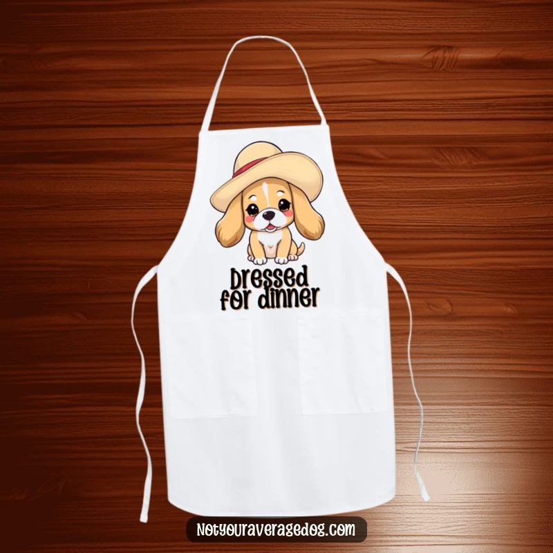 Funny dog in hat apron showing a dog wearing a tilted, oversized floppy hat, perfect for kitchen style and humor.