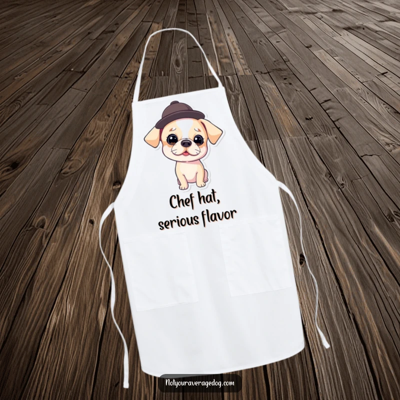 Funny Apron showing a dog wearing a hat tilted at a comical angle, ready to add humor and flair to any kitchen task.