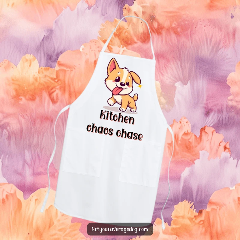 Funny dog with tongue sticking out sideways, chasing a laser dot, on a kitchen apron.