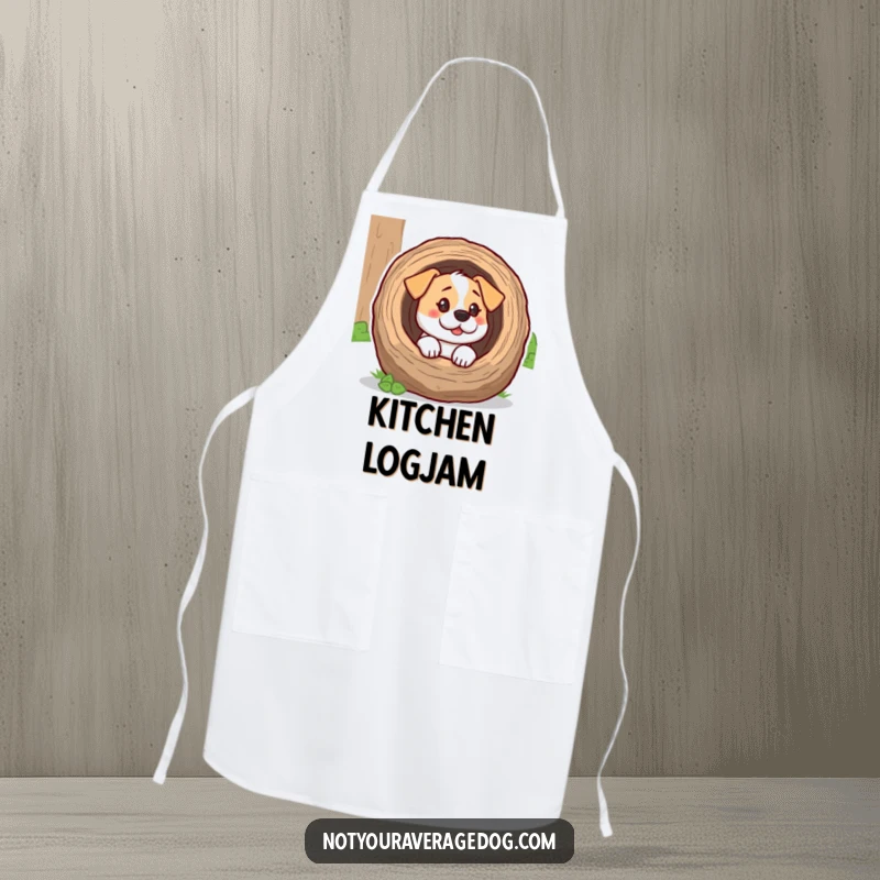 Funny dog with its head inside a log on a kitchen apron, a humorous design for culinary explorers who love dogs.