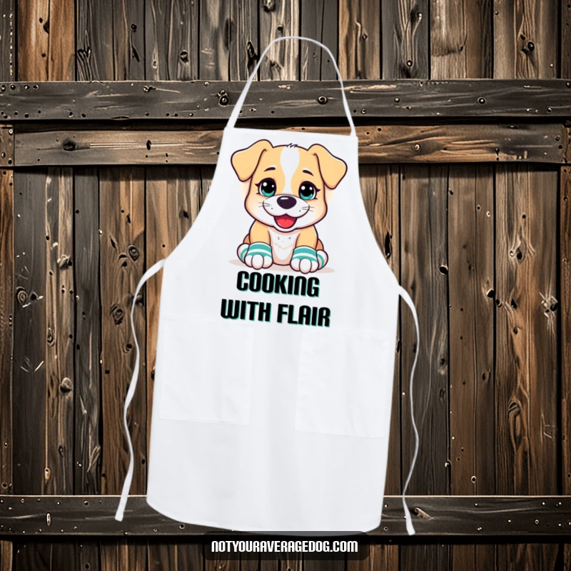 Funny Dog Apron showing a dog with a goofy grin, wearing mismatched socks on its front paws, ready for messy cooking with hilarious flair.