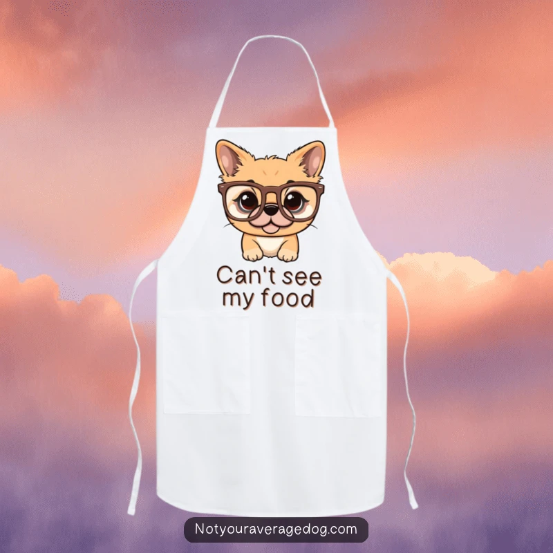 Funny kitchen apron showcasing a dog trying to wear a pair of comically large sunglasses.
