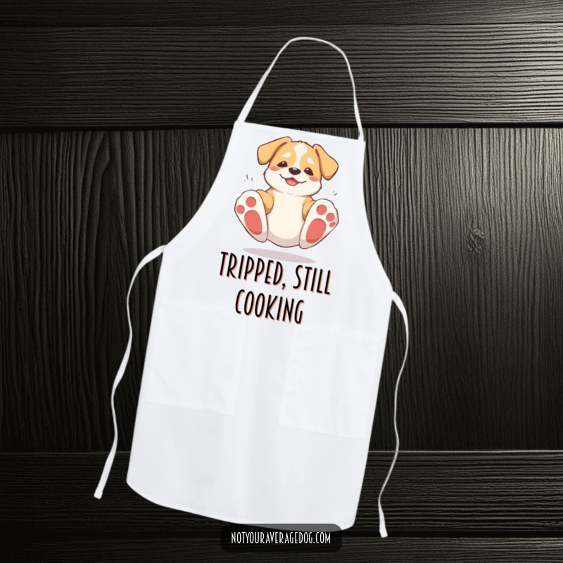 Funny kitchen apron showing a dog tripping on its large paws and then getting up, designed for humorous cooking experiences.