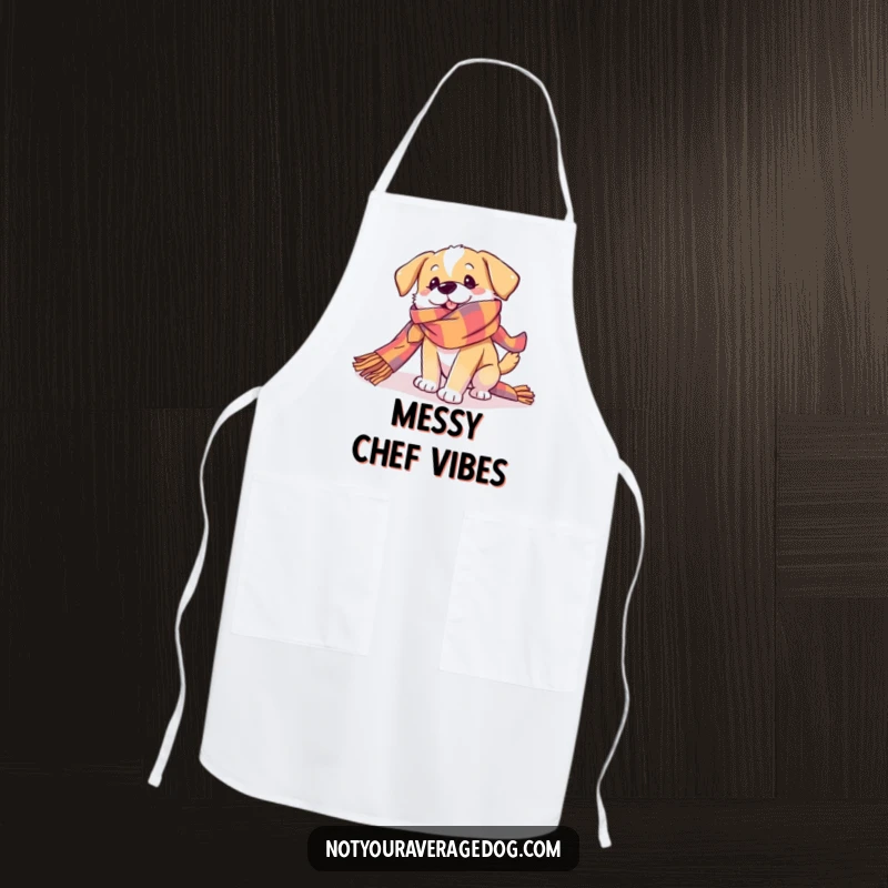 Funny Dog Apron showing a dog playfully getting tangled in a very long, colorful scarf, ready for culinary creations with a humorous flair.