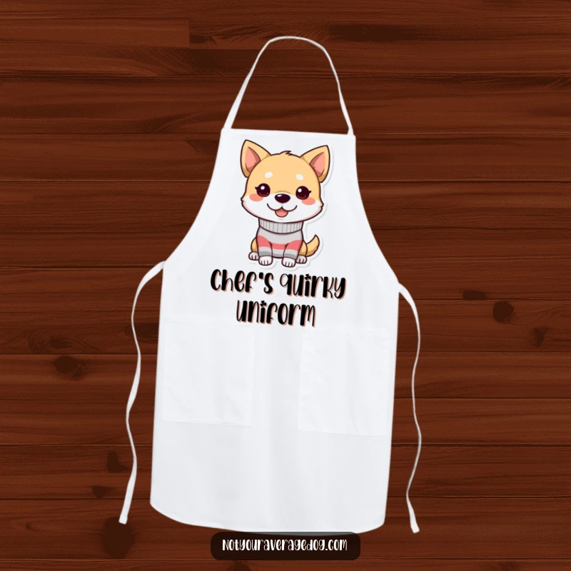 Funny dog apron featuring a character wearing a mismatched sock and a goofy grin, perfect for home cooks.