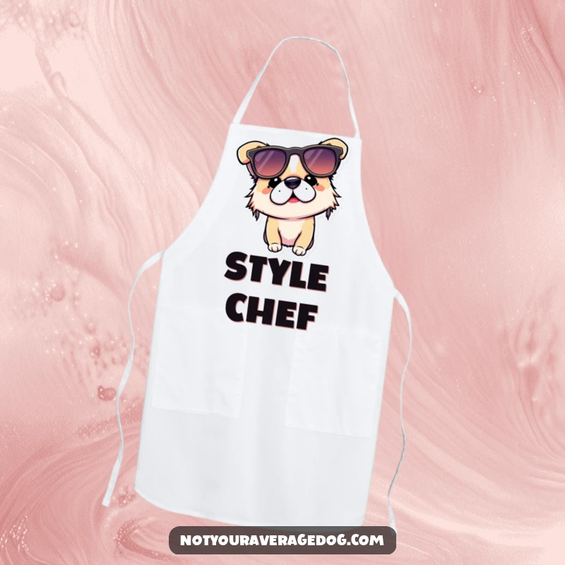 Funny dog apron depicting a dog hilariously wearing sunglasses upside down, adding humorous flair to kitchen tasks.