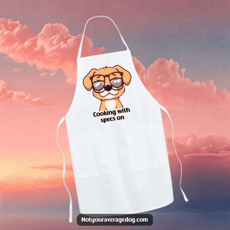 Funny dog wearing tiny, crooked glasses on a kitchen apron, a chef's helper with a humorous, scholarly look.