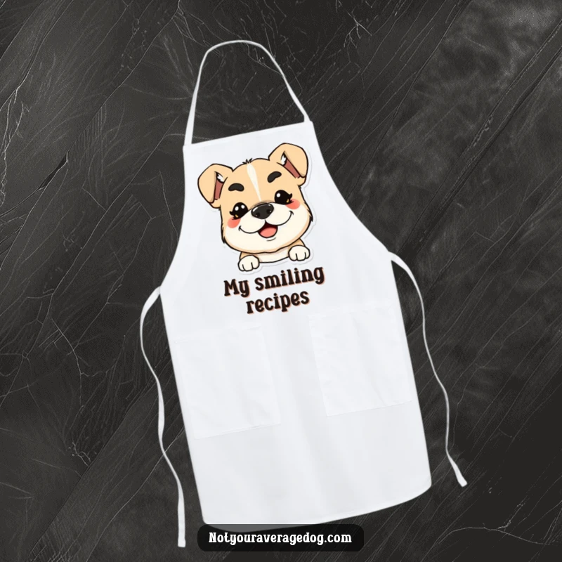 Funny apron with a dog with exaggerated, squiggly eyebrows and a wide smile, great for cooking.