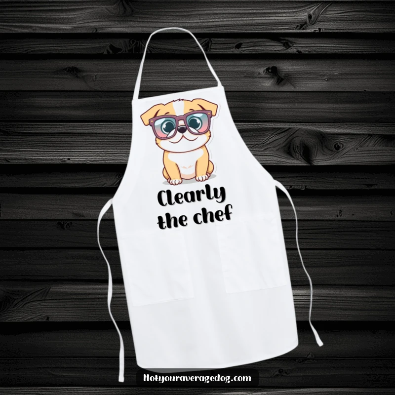 Funny Glasses Dog Apron: Dog wearing oversized, comical glasses, adding playful style to the kitchen.
