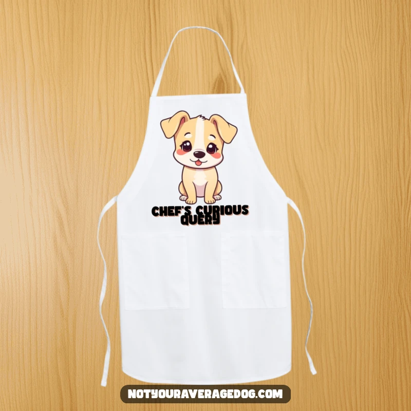 Funny apron showing a dog with its head tilted and ears flopped adorward, ready to cook.
