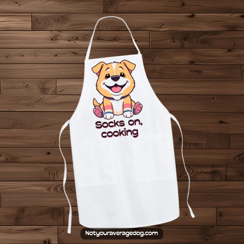 Funny apron featuring a dog wearing mismatched socks and a silly grin, perfect for adding a humorous touch to cooking.
