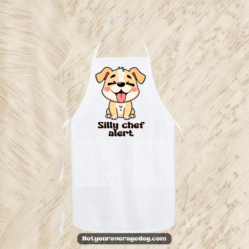 Funny stylized dog character with its tongue hanging out and eyes crossed, a humorous and practical apron for kitchen adventures.