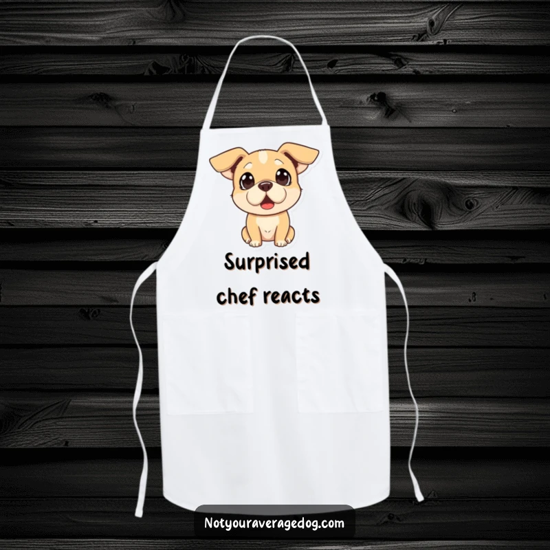 Funny apron featuring a dog with a comically surprised expression and floppy ears, designed for kitchen fun and protection.