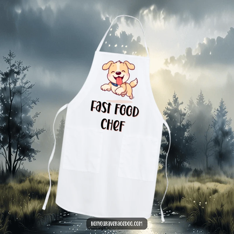 Funny Tongue Out Dog Apron: Dog running with its tongue sticking out, bringing playful energy to the kitchen.