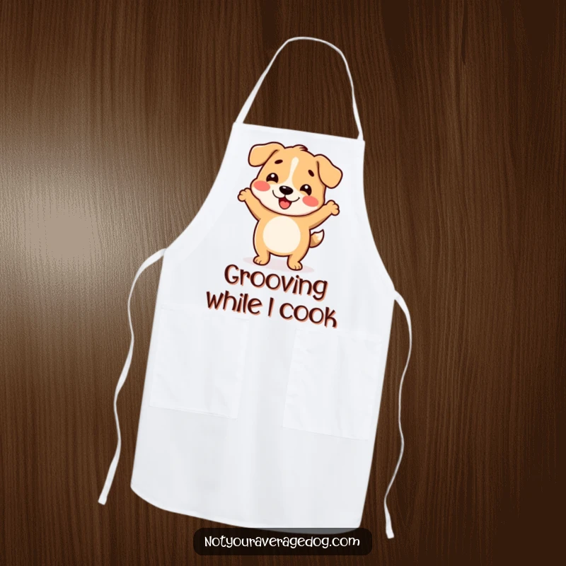 Funny apron showing a dog with a wiggly body doing a silly dance while cooking.