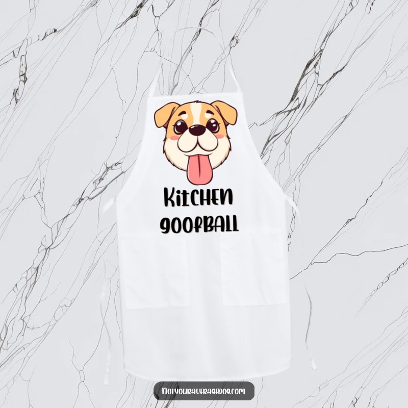 Funny silly dog face apron showing a dog with crossed eyes and a floppy tongue, ideal for kitchen fun and humor.