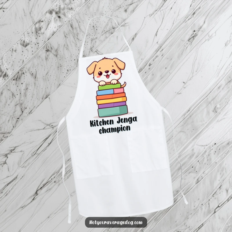 Funny dog apron featuring a character precariously balancing a stack of colorful blocks, ideal for cooking.