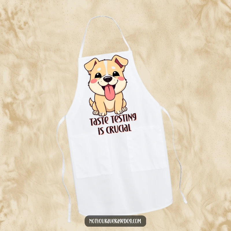 Funny apron depicting a dog making a silly, tongue-out face. A humorous and practical accessory for the kitchen.