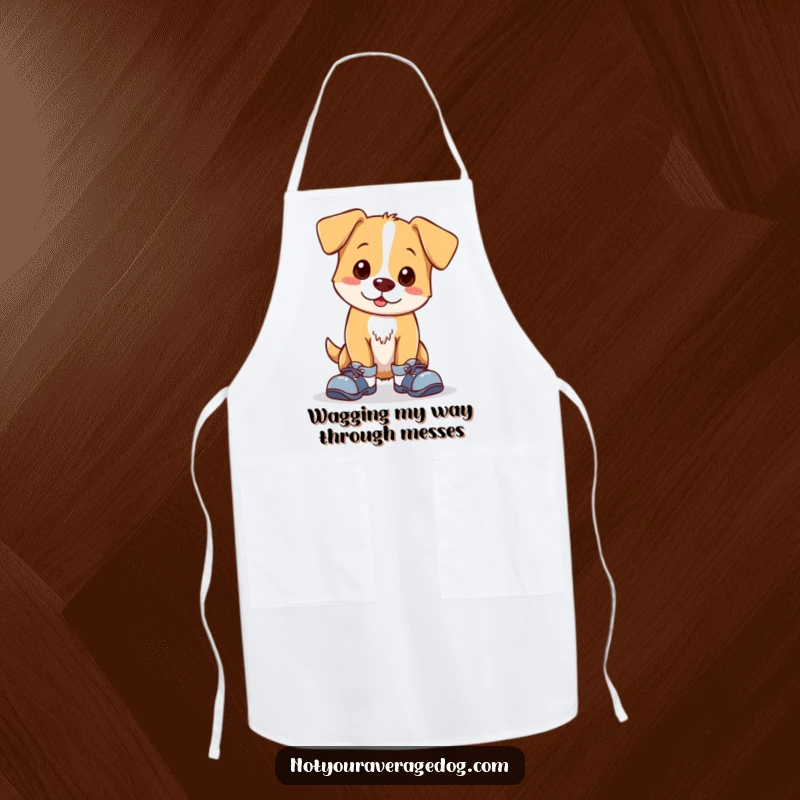 Funny apron depicting a clumsy dog wearing mismatched shoes, ready for kitchen chaos. A humorous and practical accessory for cooks.