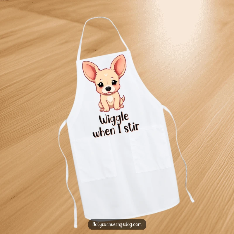 Funny Apron showcasing a dog with exceptionally floppy ears in a dynamic, bouncing pose, ready to add humor to any culinary task.