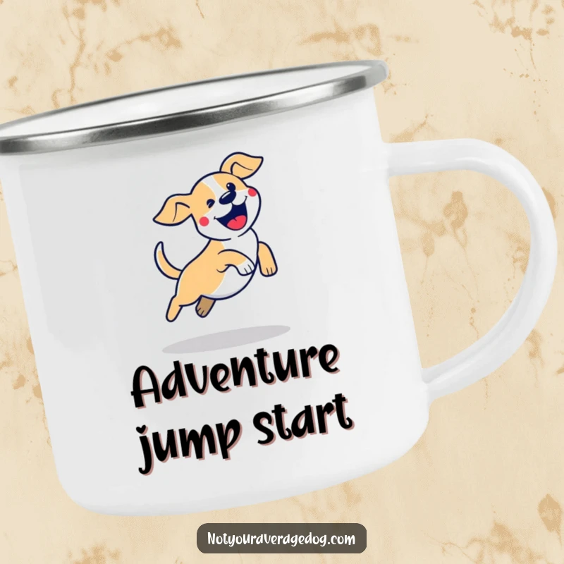 Funny dog jump camping mug featuring a stylized dog silhouette in a clumsy, excited jump, durable and full of energy.