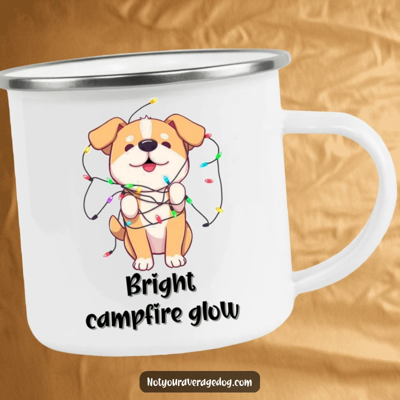 Funny Camping Mug featuring a dog tangled in playful, colorful lights, perfect for outdoor holiday enjoyment.
