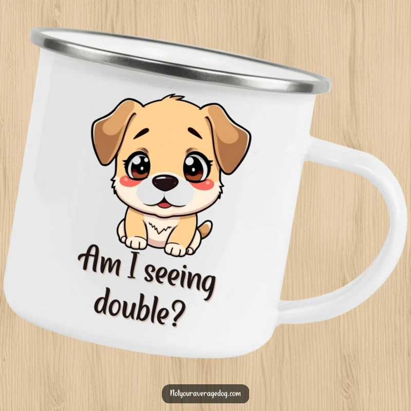 Funny camping mug showing a bewildered dog looking at its reflection, perfect for outdoor enthusiasts who love humor.