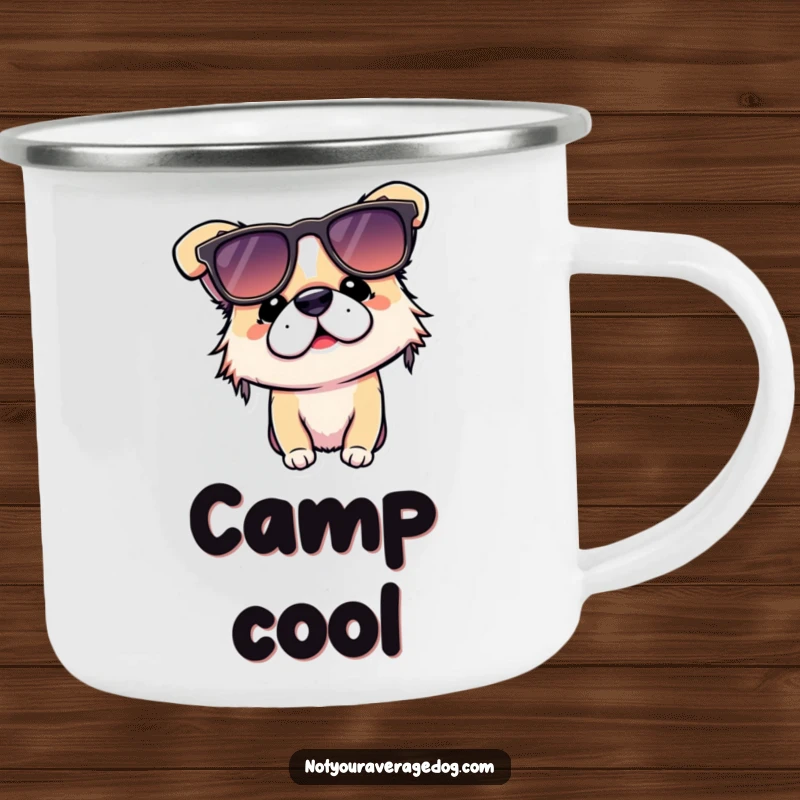 Funny camping mug with a dog hilariously wearing sunglasses upside down, perfect for outdoor laughs and dog lovers.