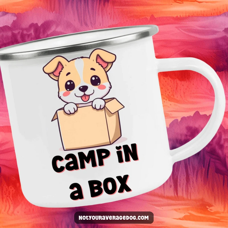 Funny camping mug with a dog’s head emerging from a small box, ideal for outdoor fun and humorous companionship.