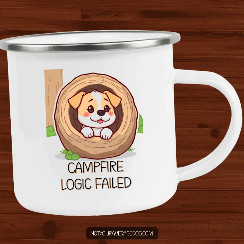 Funny dog with its head inside a log on a durable camping mug, ready for outdoor escapades and comical moments.