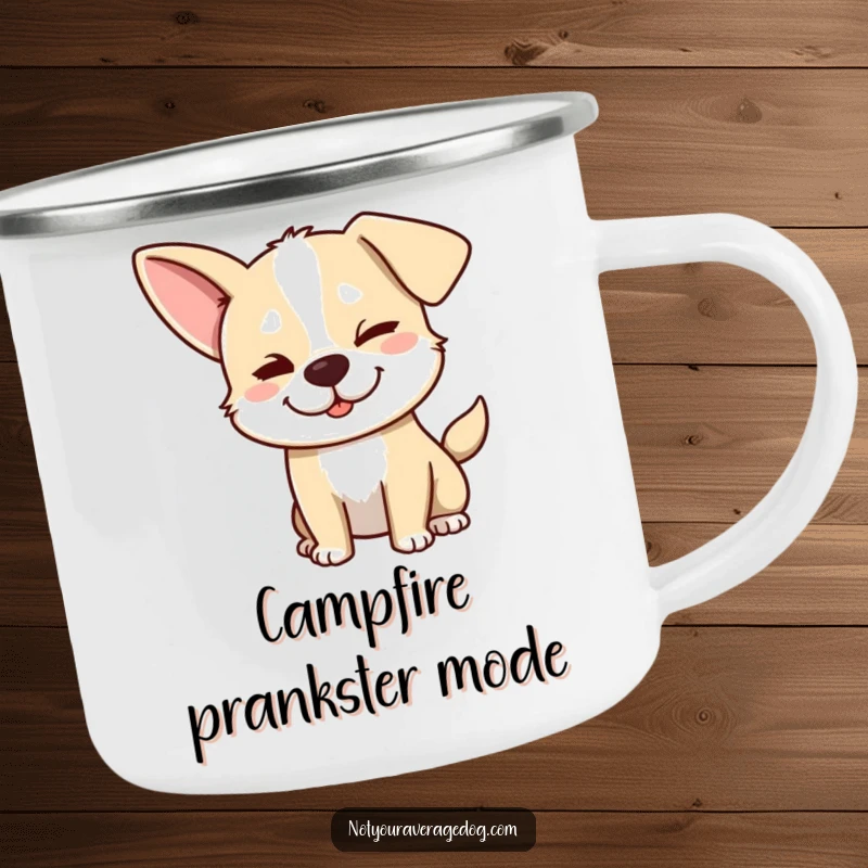 Funny dog camping mug showing a silly dog with one ear flopped and a mischievous wink, great for outdoor fun.
