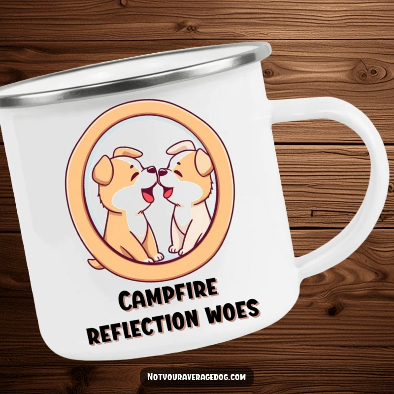 Funny enamel camping mug with a dog barking at its distorted reflection in a funhouse mirror shape, for outdoor fun.