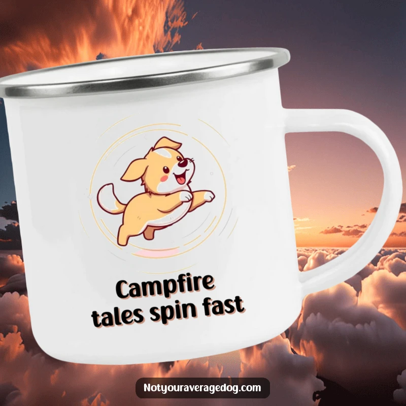 Funny camping mug depicting a dog in a comical, dizzy spin chasing its tail. Durable and humorous drinkware for the outdoors.
