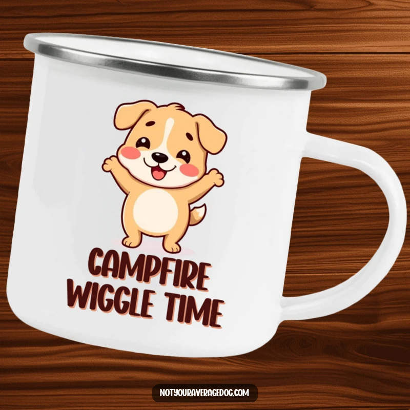Funny camping mug showing a dog with a wiggly body dancing joyfully in an outdoor setting.