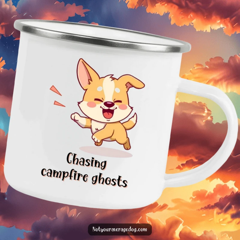 Funny chasing shadow dog camping mug, a silly dog with intense focus, chasing its shadow outdoors.