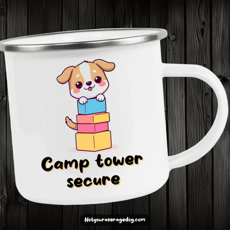 Funny Balancing Dog Camping Mug: Dog balancing colorful blocks, adding focus and fun to outdoor adventures.