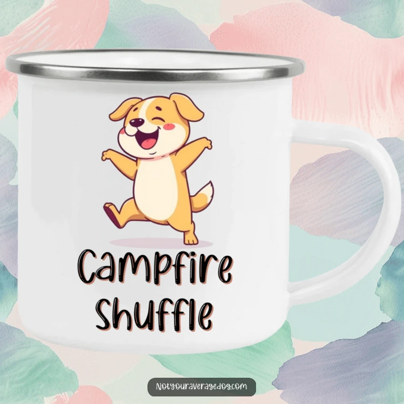 Funny camping mug with a dog performing a highly exaggerated and clumsy dance, perfect for outdoor enthusiasts.